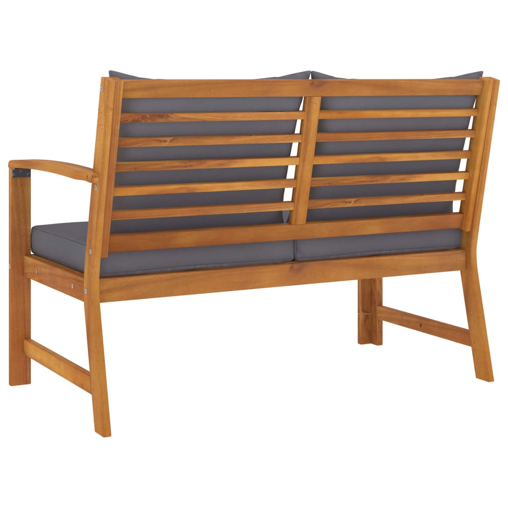 Banco de jardim NNEVL com 114,5 cm, almofada cinza escuro, em madeira de acácia sólida, ideal para área externa.